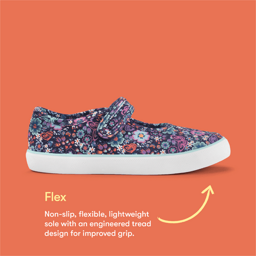 Start Rite Busy Lizzie Navy Floral Girls Single Bar Rip-tape Canvas Shoes