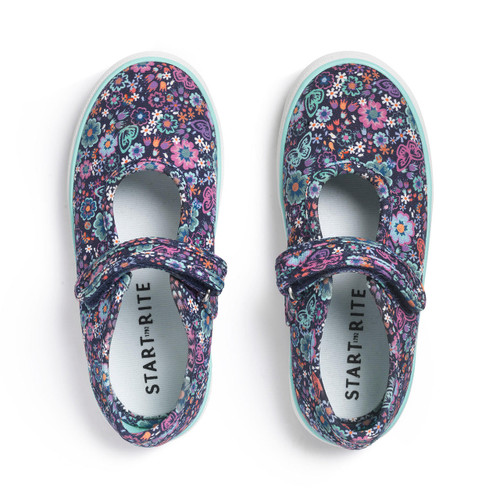 Start Rite Busy Lizzie Navy Floral Girls Single Bar Rip-tape Canvas Shoes