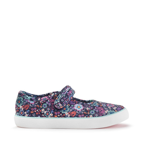 Start Rite Busy Lizzie Navy Floral Girls Single Bar Rip-tape Canvas Shoes