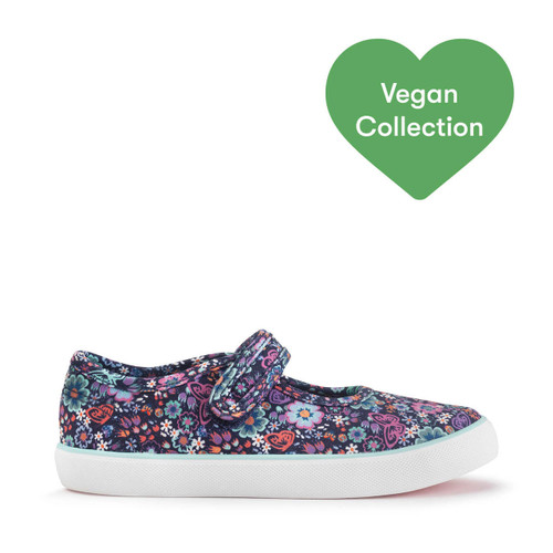 start rite Busy Lizzie Navy floral girls single bar rip-tape canvas shoes