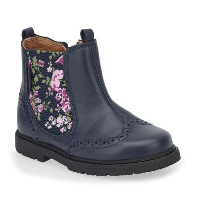 Start Rite Chelsea Navy Blue Leather/floral Girls Zip-up Ankle Boots