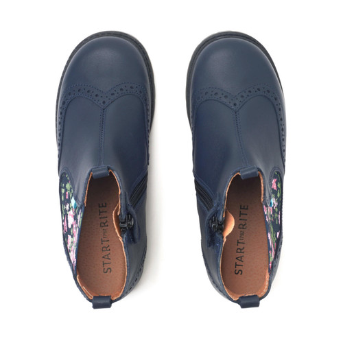 Start Rite Chelsea Navy Blue Leather/floral Girls Zip-up Ankle Boots