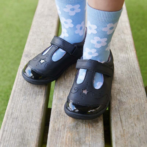 Start Rite Dazzle Black Leather/patent Girls Rip-tape T-bar First School Shoes