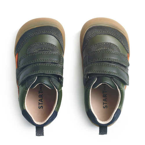 Start Rite Duel Dark Green Leather And Orange Casual Rip-tape First Walking Trainers