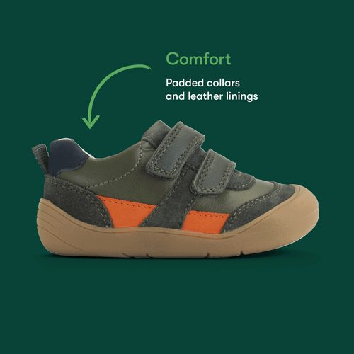 Start Rite Duel Dark Green Leather And Orange Casual Rip-tape First Walking Trainers