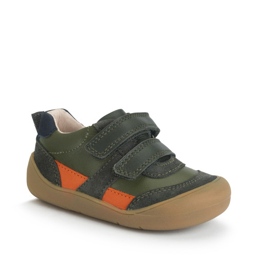 Start Rite Duel Dark Green Leather And Orange Casual Rip-tape First Walking Trainers