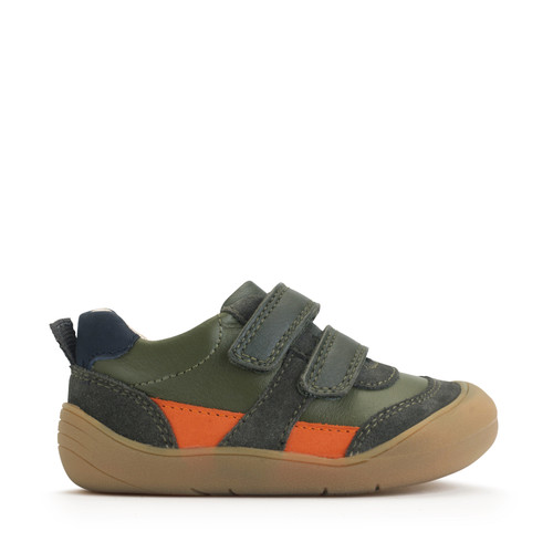 start rite Duel Dark green leather and orange casual rip-tape first walking trainers