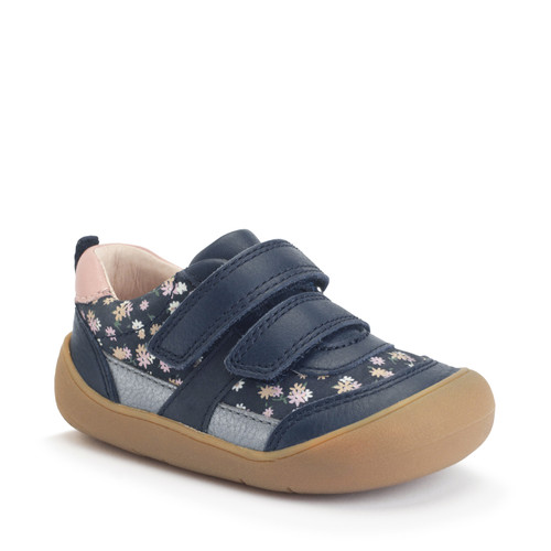 Start Rite Duel Navy Floral Nubuck/leather Casual Rip-tape First Walking Trainers