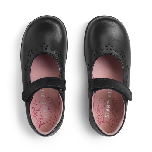 Start Rite Emily Black Leather Girls Rip-tape School Shoes