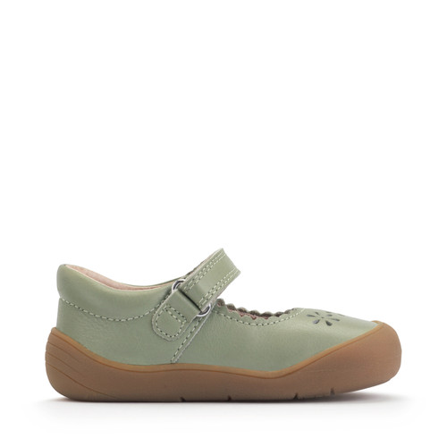 Start Rite Eva Dusky Green Leather Girls Rip-tape Floral First Walking Shoes