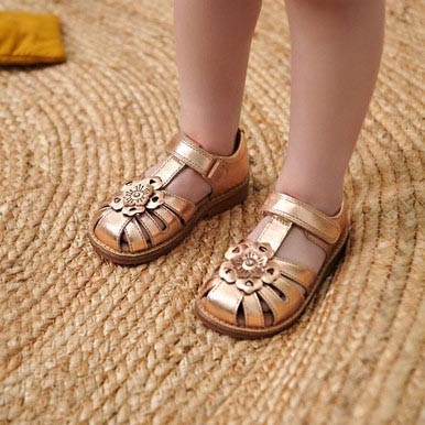 Start Rite Flora Rose Gold Metallic Leather Girls Rip-tape Sandals