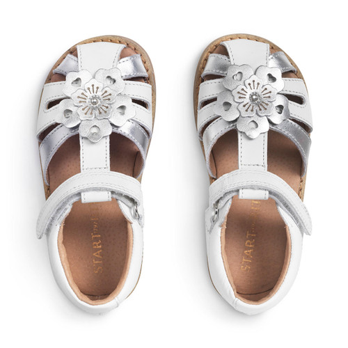 Start Rite Flora White/silver Leather Girls Rip-tape Sandals