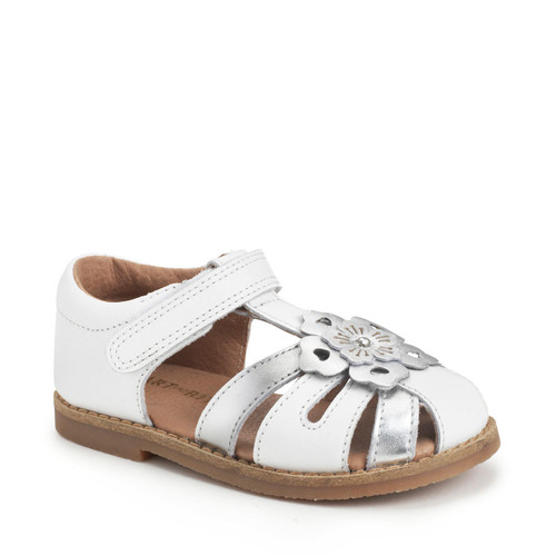 Start Rite Flora White/silver Leather Girls Rip-tape Sandals