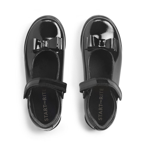 Start Rite Flourish Black Patent Girls Rip-tape Bow School Shoes