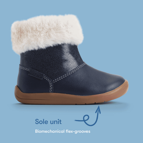 Start Rite Flurry Navy Leather Girls Zip-up Fur First Ankle Boots