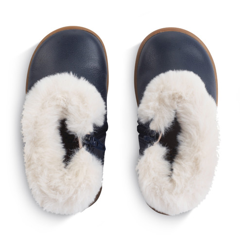 Start Rite Flurry Navy Leather Girls Zip-up Fur First Ankle Boots