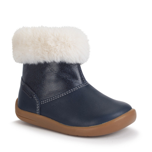 Start Rite Flurry Navy Leather Girls Zip-up Fur First Ankle Boots