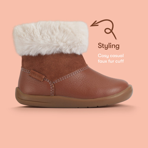 Start Rite Flurry Tan Leather/ Suede Girls Zip-up Fur First Ankle Boots