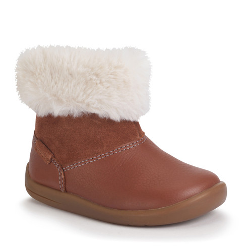 Start Rite Flurry Tan Leather/ Suede Girls Zip-up Fur First Ankle Boots