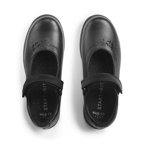Start Rite Glisten Black Leather Girls Rip-tape School Shoes