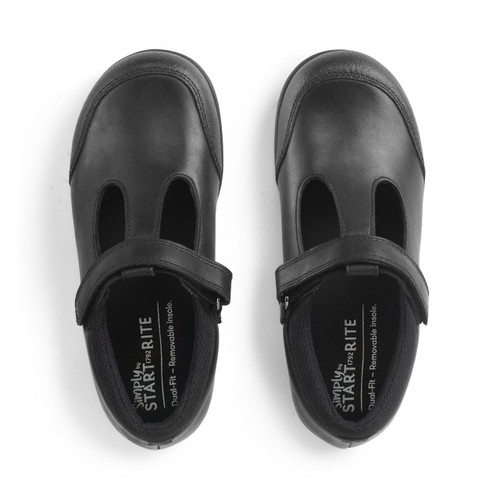 Start Rite Globe Black Leather Simply By Start-Rite Girls Rip-tape Dual-Fit T-bar School Shoes
