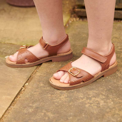 Start Rite Holiday Tan Leather Girls Rip-tape Sandals
