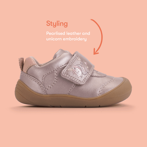 Start Rite Moonbeam Blush Pearlised Leather Rip-tape Girls Unicorn First Walking Shoes