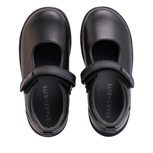 Start Rite Mystery Black Leather Girls Rip-tape First School Shoes