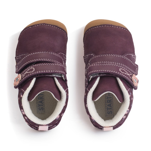 Start Rite Pip Burgundy Leather/nubuck Floral Girls Rip-tape Closed Pre-walker Shoes