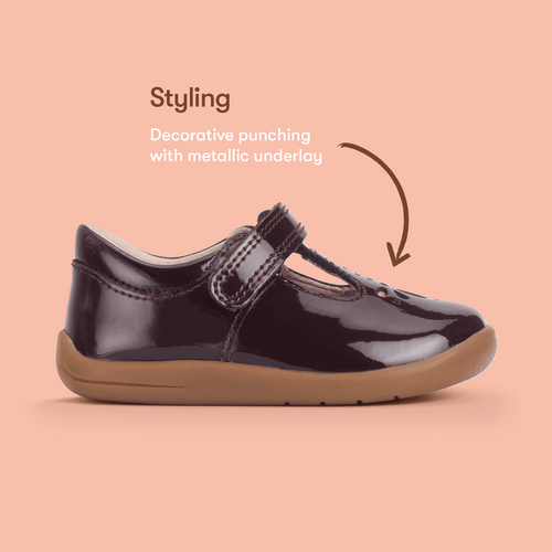 Start Rite Puzzle Burgundy Patent Girls Rip-tape T-bar First Walking Shoes