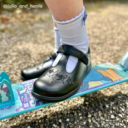 Start Rite Star Jump Black Leather Girls T-bar Rip-tape School Shoes
