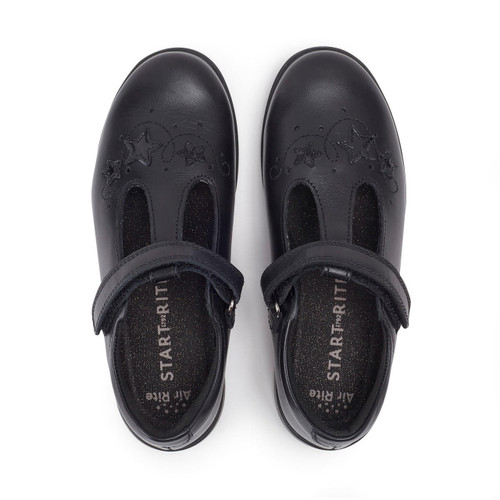Start Rite Star Jump Black Leather Girls T-bar Rip-tape School Shoes
