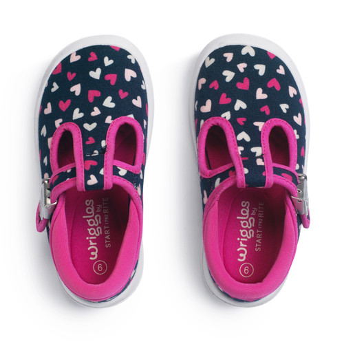 Start Rite Wriggles T-bar Navy/pink Hearts Girls Buckle First Walking Shoes