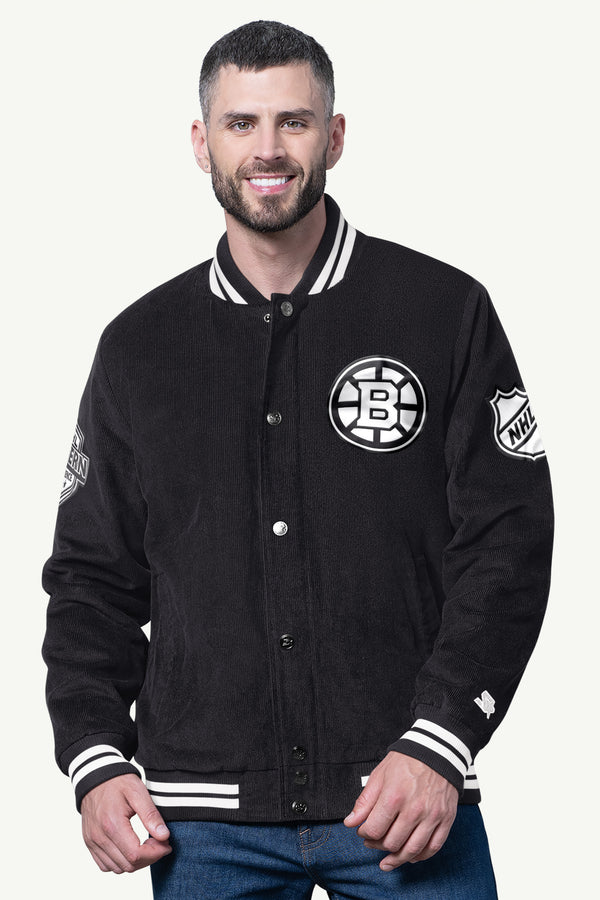 starter MENS BOSTON BRUINS BLACKOUT CORDUROY VARSITY JACKET
