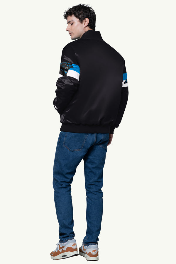 Starter MENS CAROLINA PANTHERS TRIPLE OPTION SATIN VARSITY JACKET