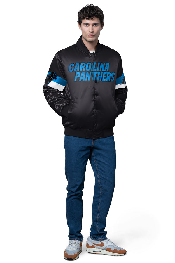 Starter MENS CAROLINA PANTHERS TRIPLE OPTION SATIN VARSITY JACKET