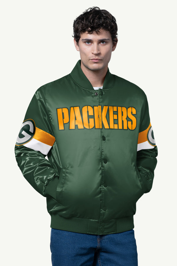 starter MENS GREEN BAY PACKERS TRIPLE OPTION SATIN VARSITY JACKET