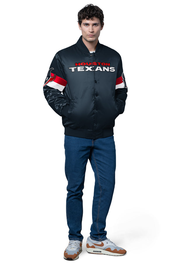 Starter MENS HOUSTON TEXANS TRIPLE OPTION SATIN VARSITY JACKET