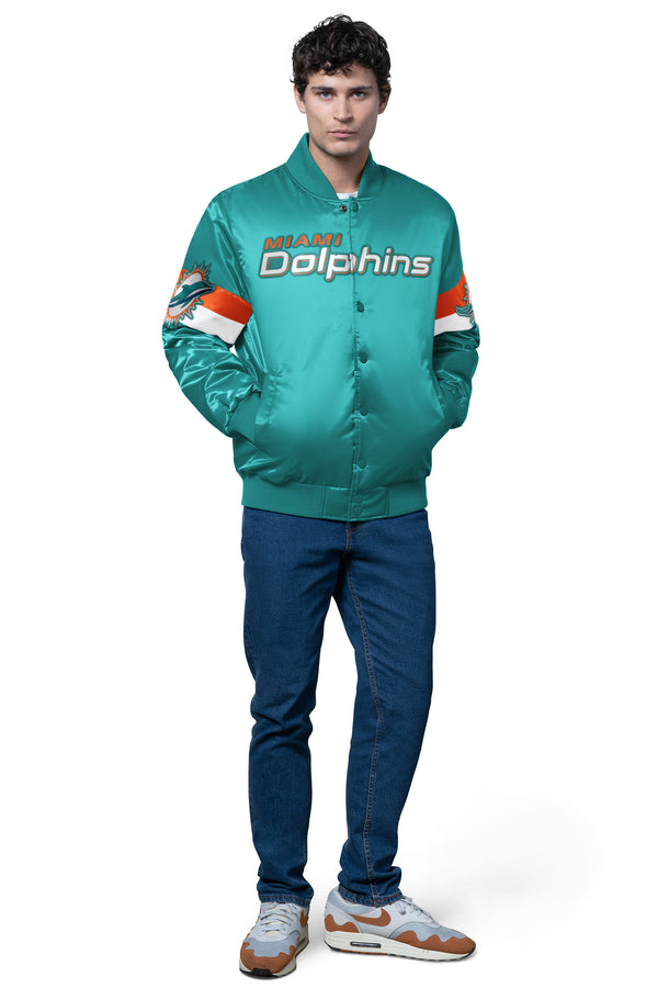 Starter MENS MIAMI DOLPHINS TRIPLE OPTION SATIN VARSITY JACKET