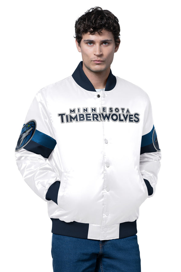 starter MENS MINNESOTA TIMBERWOLVES TRIPLE OPTION SATIN VARSITY JACKET