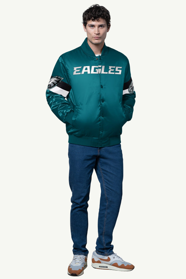Starter MENS PHILADELPHIA EAGLES TRIPLE OPTION SATIN VARSITY JACKET