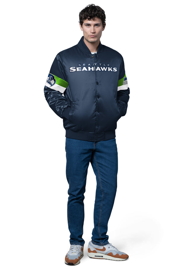 Starter MENS SEATTLE SEAHAWKS TRIPLE OPTION SATIN VARSITY JACKET