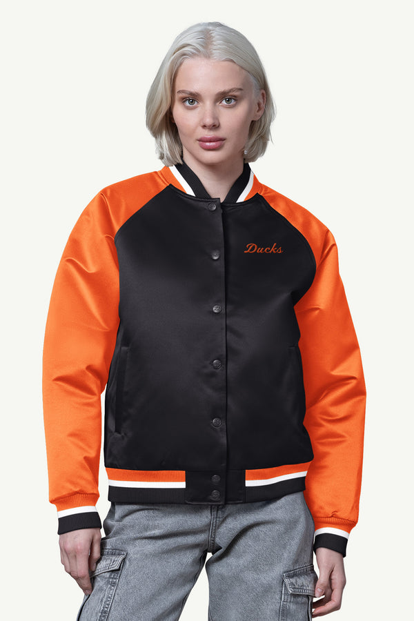starter WOMENS ANAHAEIM DUCKS FINAL SCORE SATIN VARSITY JACKET