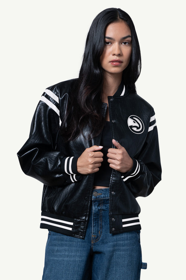 starter WOMENS ATALNTA HAWKS FAUX LEATHER VARSITY JACKET