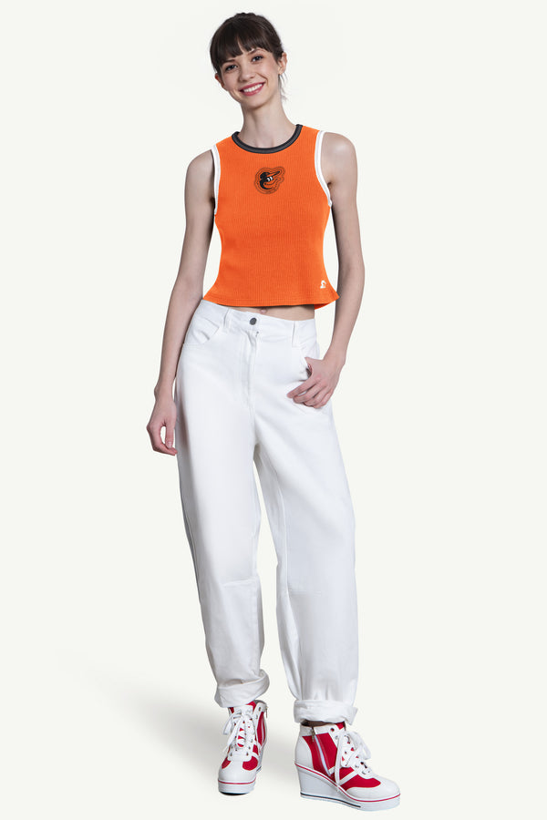 Starter WOMENS BALTIMORE ORIOLES PLAY THE BALL CROP TANK