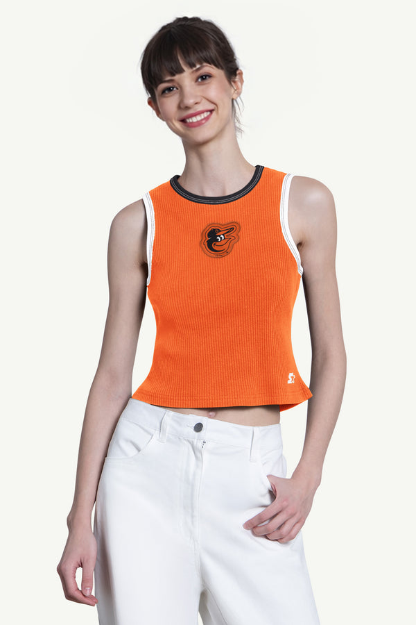 starter WOMENS BALTIMORE ORIOLES PLAY THE BALL CROP TANK