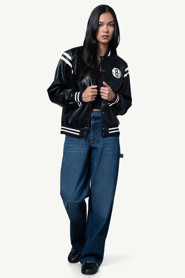 Starter WOMENS BROOKLYN NETS FAUX LEATHER VARSITY JACKET