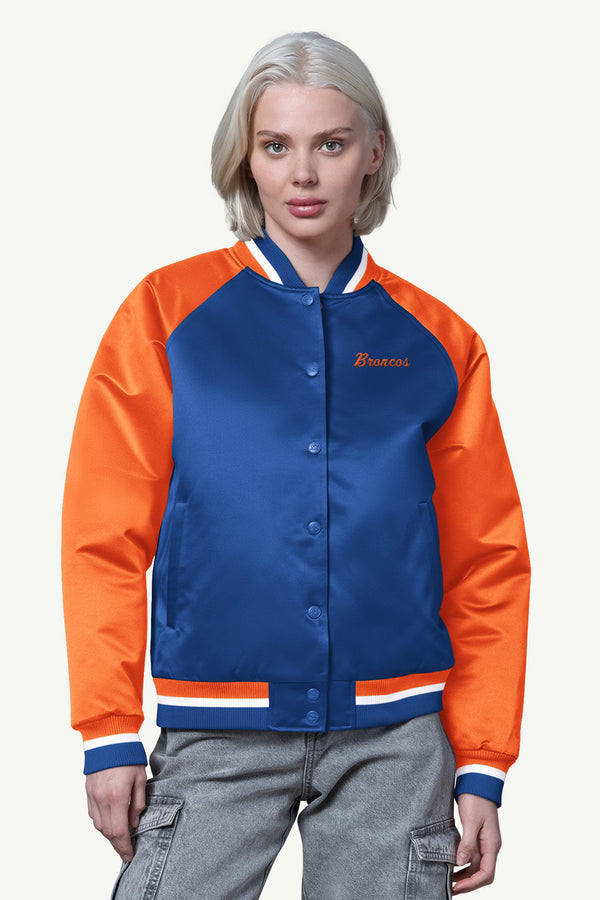 starter WOMENS DENVER BRONCOS FINAL SCORE SATIN VARSITY JACKET