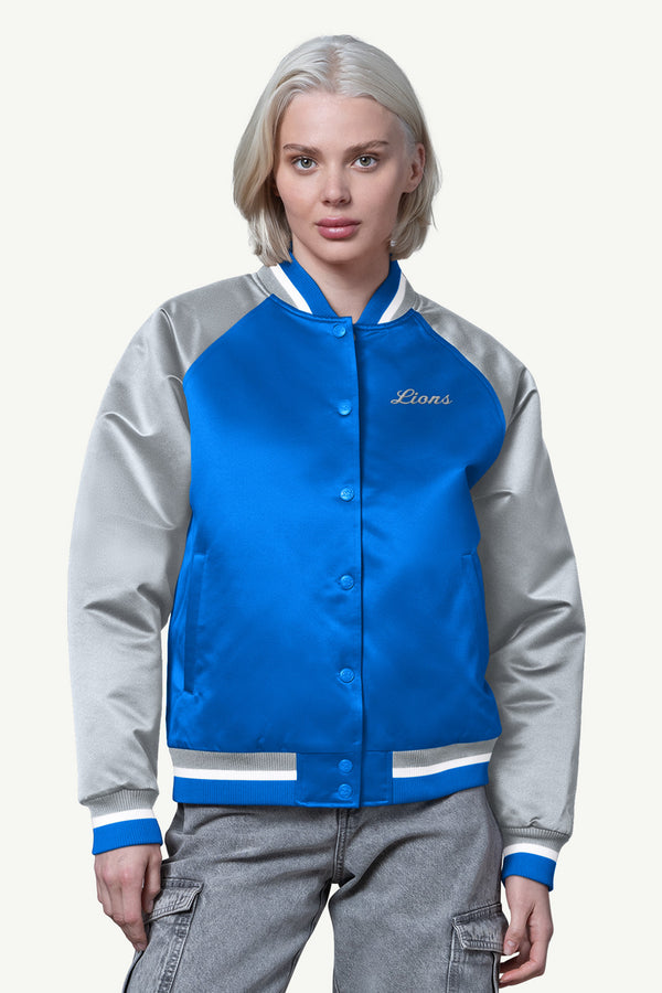 starter WOMENS DETROIT LIONS FINAL SCORE SATIN VARSITY JACKET
