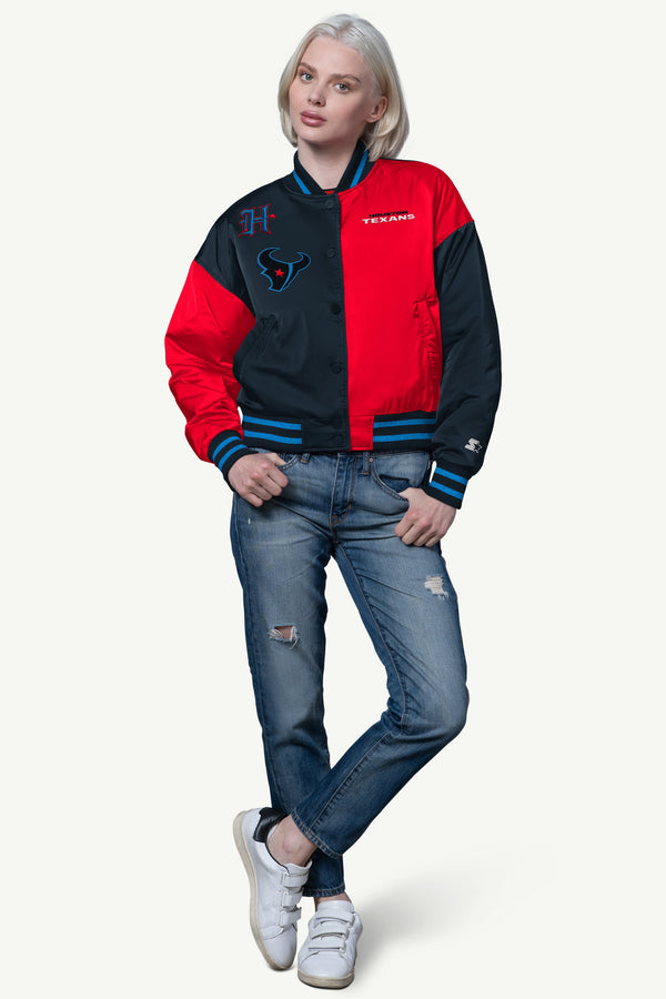 Starter WOMENS HOUSTON TEXANS OFFSIDE SATIN VARSITY JACKET